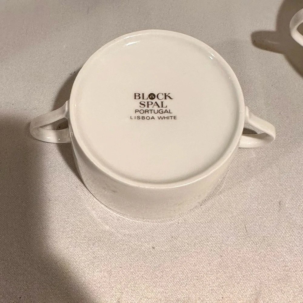 Vintage Block Spal Lisboa Cups White Porcelain Double Handled White Portugal